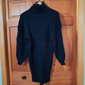 Arabess Black Ribbed Turtleneck Sweater Dress with Balloon Sleeves